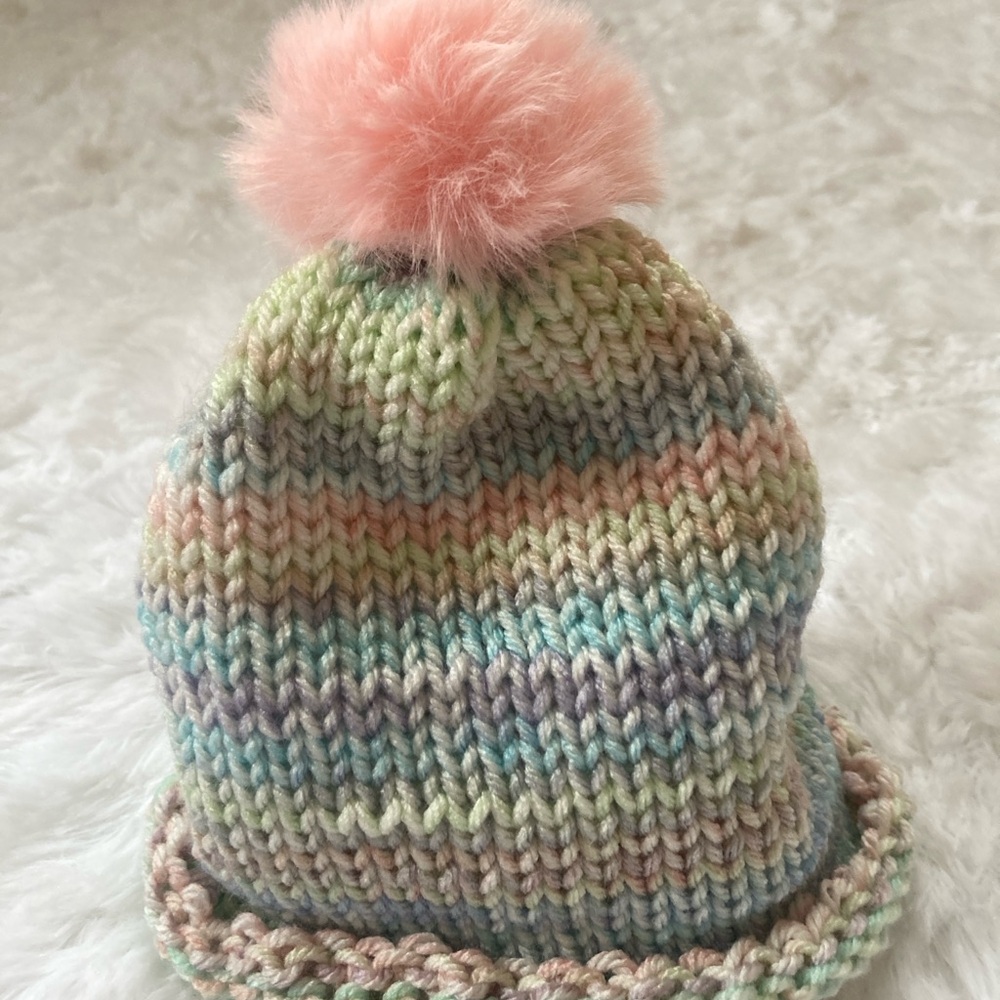 Baby Knitted Beanie Hat with Ribbed Pattern and Pom Pom
